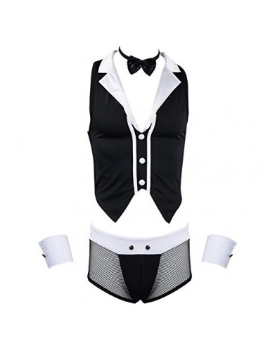 dPois Lencería Erótica Hombre Conjunto de Ropa Interior Calozncillos + Pajarita + Chaleco + Puños Mankini Thong Disfraz de Ma