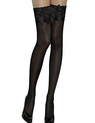 Yummy Bee - Medias Semi Opaco Negro de Liga - Medias La Parte de Encaje con Lazos - Negro Rojo Lencería Sexy  Negro 