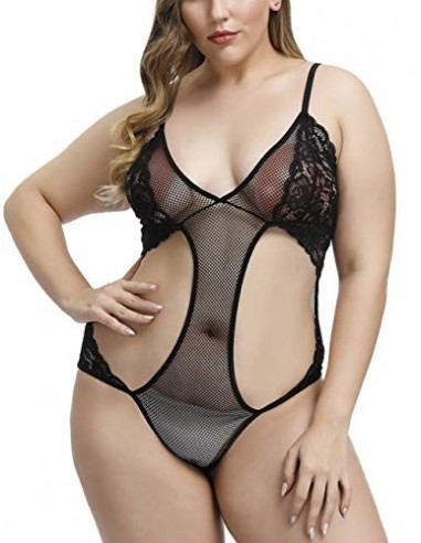 FeelinGirl Ropa Érotica de Mujer Talla Grande Ajustable Teddy Lencería Sexy Rejilla Encaje Vacía Negro XL