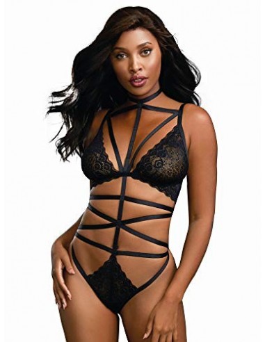DreamGirl Strappy Teddy with Stretch Galloon Lace and Thong Back Lencería, Schwarz, Einheitsgröße para Mujer
