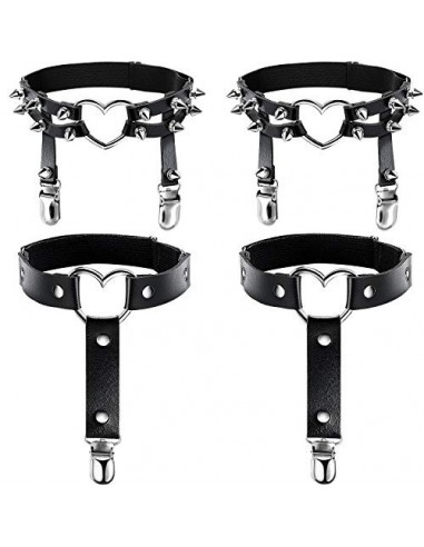 2 Pares Arnés de Pierna de Cuero Remache Liguero PU Cuero Punk Gótico Muslo Anillo Liguero  Corazón y Corazón 