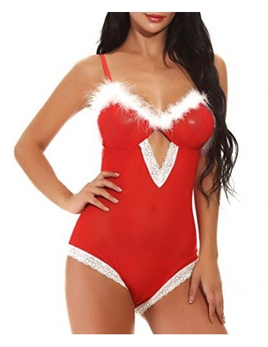 Ammiya Conjunto de lencería para mujer de Navidad, disfraz de crismas, lencería sexy de encaje, ropa de noche con tanga Rojo 