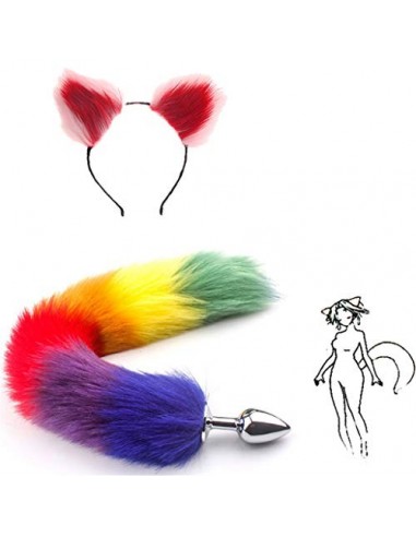 2 diademas de orejas de gato de peluche de color arcoíris con cola de zorro B-ü~t`t Pl-ù`g T-ö-ys y multicolor  M, rosa y roj