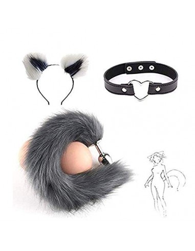 Disfraz de felpa para gato con diadema de oreja y cola de zorro de metal B-ütt P-l-ǔ-g con lindo pañuelo de gatito campana  b