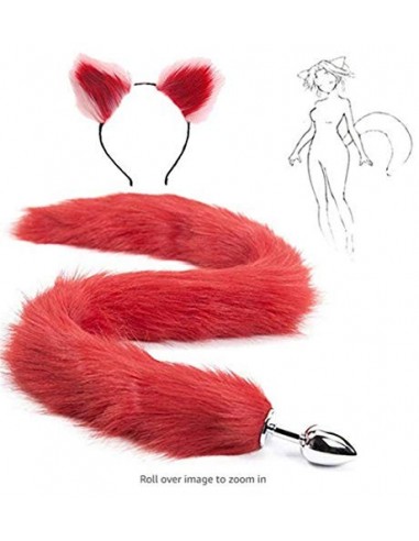 Rojo Fluffy B-ütt P-l-ǔ-g Cola de zorro, orejas de gato rojas y rosadas Diadema Cosplay Juego de roles Juguetes de Halloween 