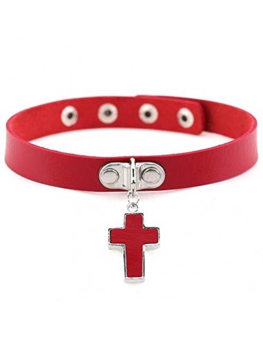 No-Branded Collar gótico Punky Harajuku PU Collares Gargantilla God Bless Declaración Cruz Colgante  Metal Color : Rojo, Size