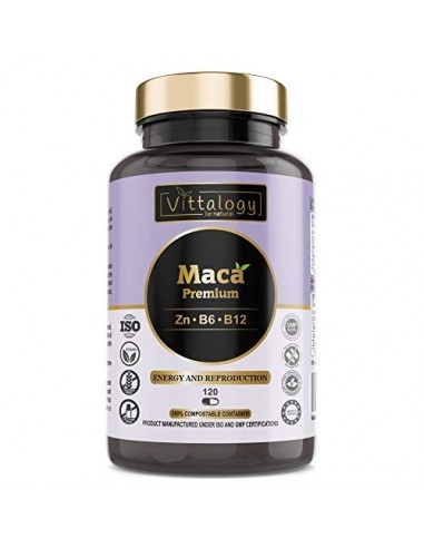 Vittalogy Maca Premium. Maca Andina Pura 4000 mg Con Vitaminas B6 Y B12 Y Zinc. Raíz De Maca Peruana. Vigorizante. 120 Cápsul
