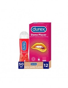 Durex Pack Preservativos Dame Placer 12 Condones + Durex Lubricante Sabor y Aroma Fresa de Base Agua - 50 ml
