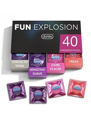 Durex Preservativos Fun Explosion Mixtos Sabor Fresa, Dame Placer, Sensitivo Suave y Contacto Total, 40 Condones, 52 y 56 mm
