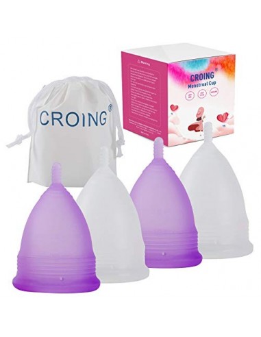 CROING 4 Copas Menstruales - 2 Piezas Pequeña  y 2 Piezas Grande - Menstrual Cup  Morado y Blanco 